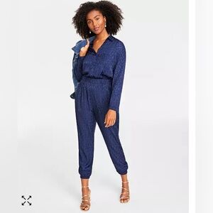 On 34th Blue Animal-Print Jacquard Print  Satin Jumpsuit women’s size XL